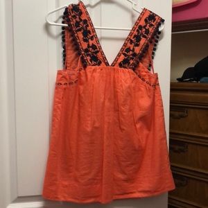 Orange and Navy J Crew Pom Pom Tank Top Blouse